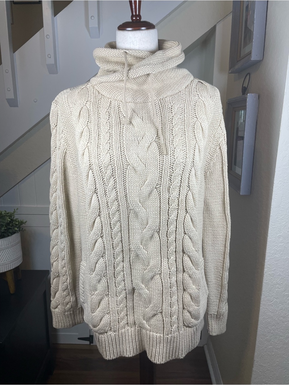 L.L. Bean Double L Mixed Cable Funnel Neck Drawstring Sweater Oatmeal Cream L